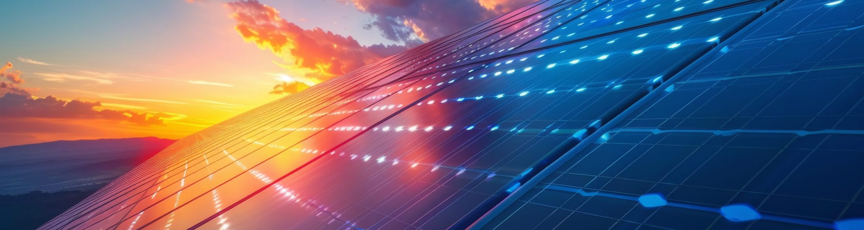 A solar panel capturing sunlight as the sun sets in the background, converting solar energy into electricity.